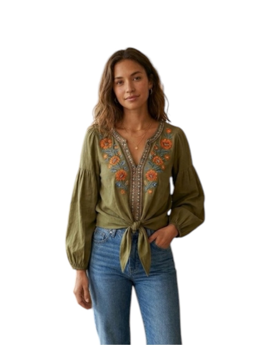 entro Olive Green Embroidered Tie-Front Bohemian Blouse Size L